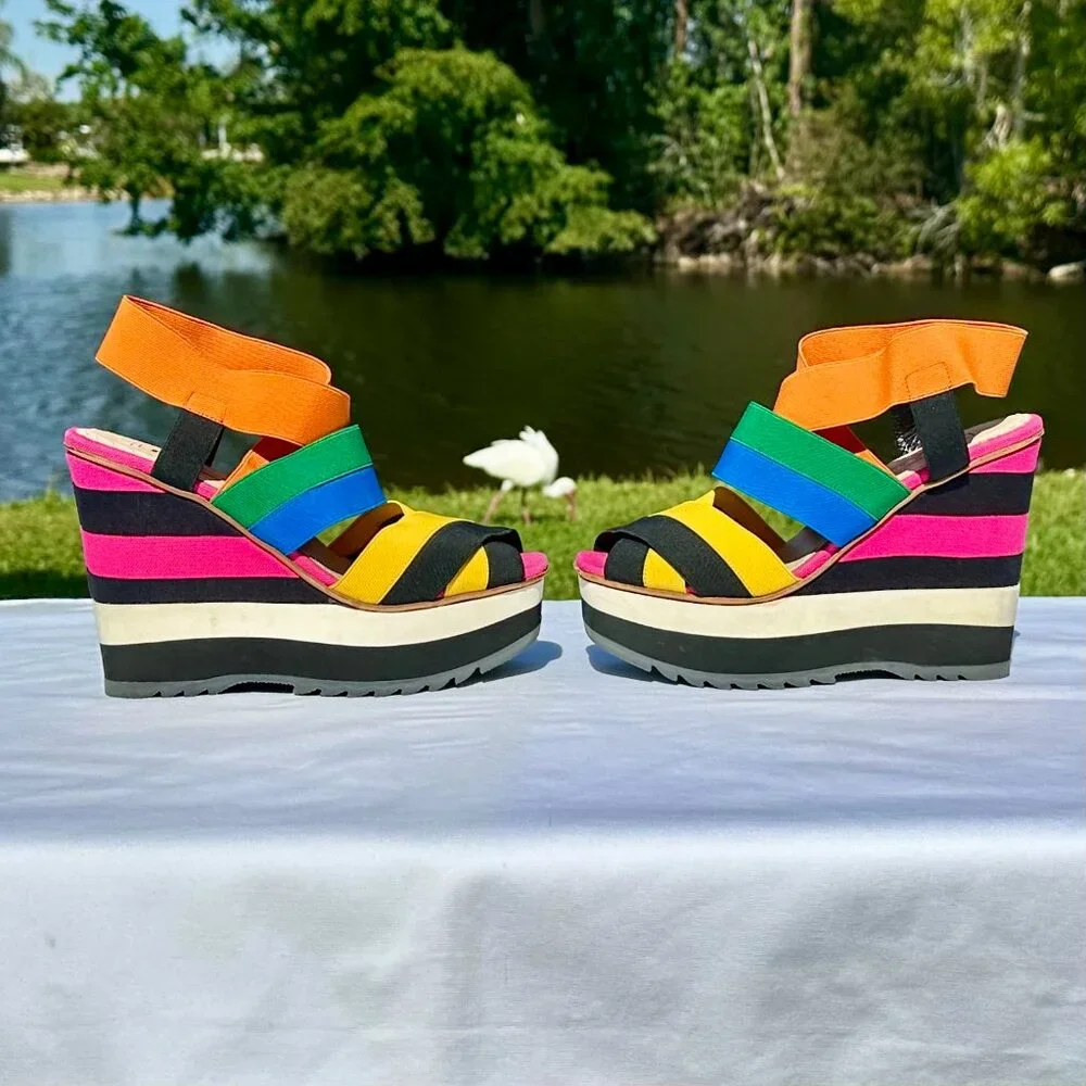 PRADA Peep Toe Platform Multi Strap Multi Color Bandage Slingback Wedge NEW 36